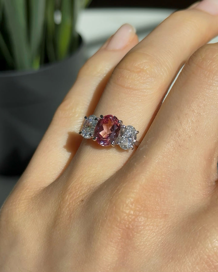 2.50ct Oval-Cut Sakura Pink Sapphire Three-Stone Ring, "The It Girl"
