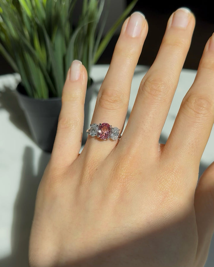 2.50ct Oval-Cut Sakura Pink Sapphire Three-Stone Ring, "The It Girl"