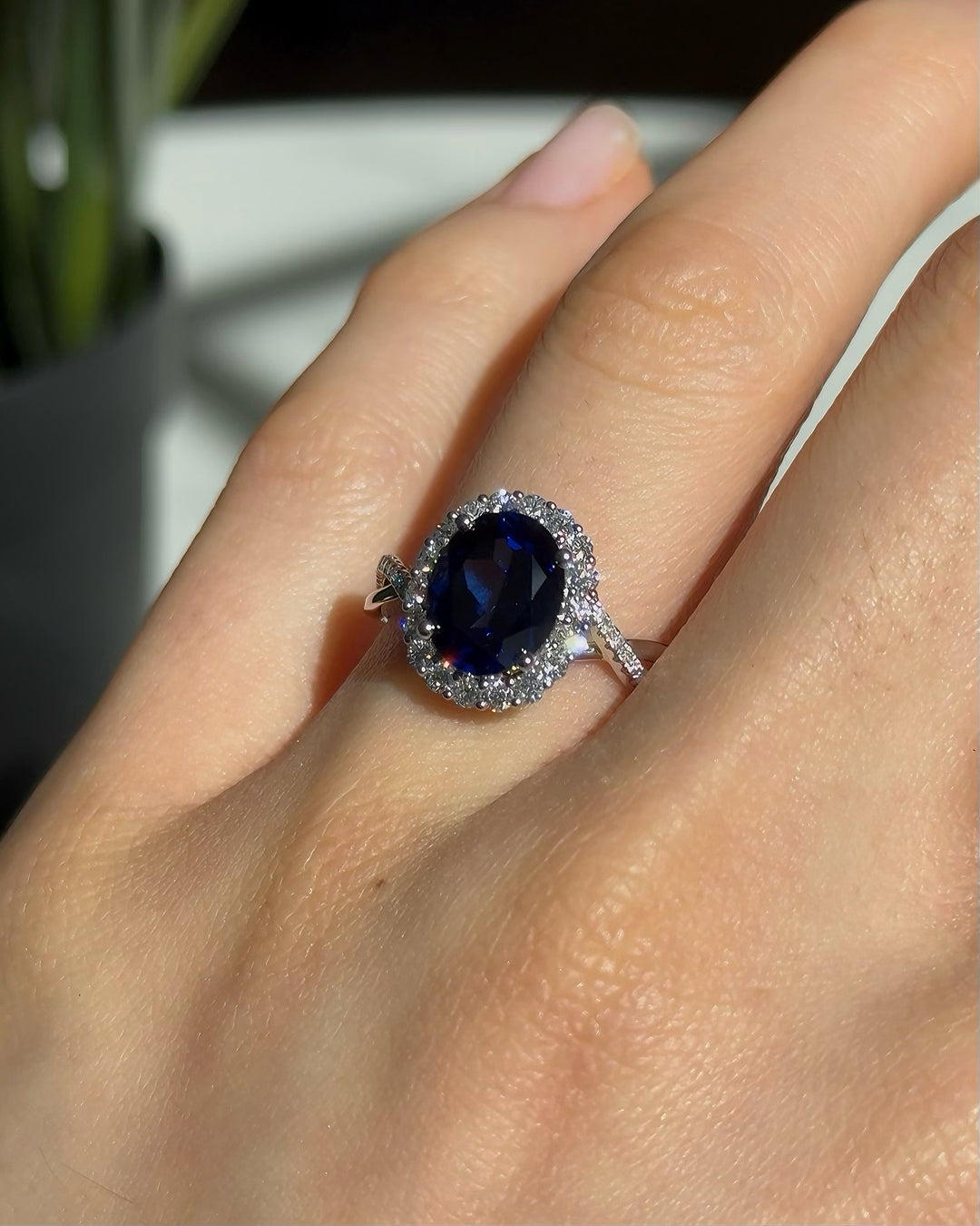 4.00ct Oval-Cut Blue Sapphire with Diamond Halo Ring, "The Twisted Diana"