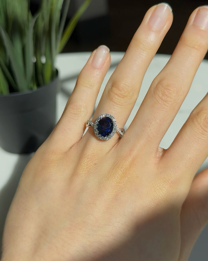 4.00ct Oval-Cut Blue Sapphire with Diamond Halo Ring, "The Twisted Diana"