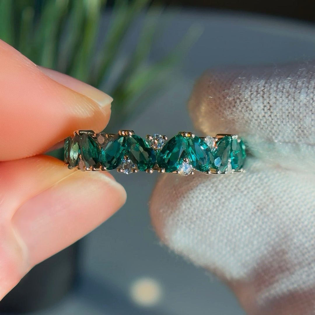 Emerald & Diamond Pear-Cut Eternity Ring in Yellow Gold (2.88ctw)