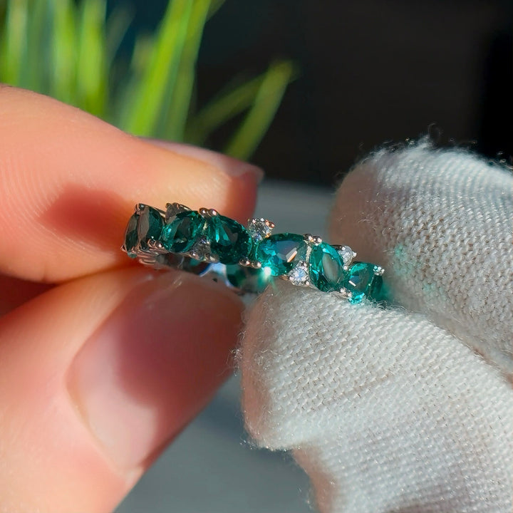 4mm, 1.78ctw Pear Lab-Grown Zambian Emerald & Round Diamonds Eternity Band in White Gold