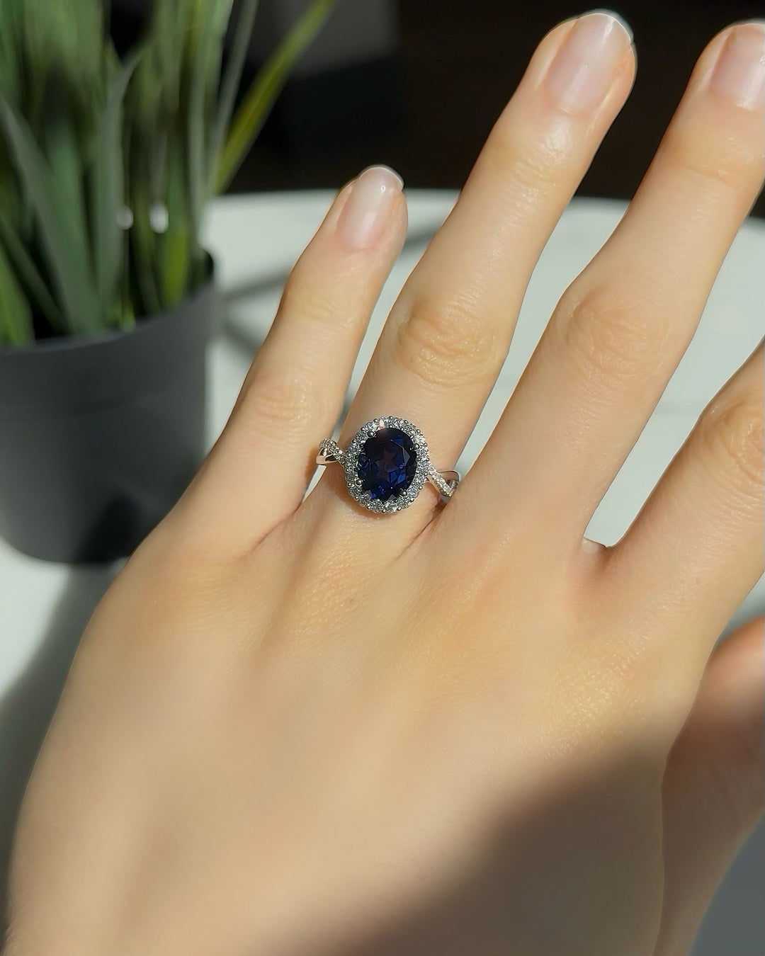 4.00ct Oval-Cut Blue Sapphire with Diamond Halo Ring in 14K White Gold, "The Twisted Diana"
