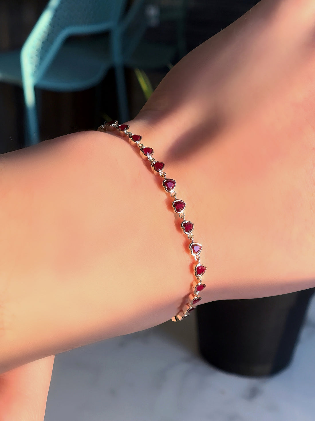 Bezel-set heart lab ruby bracelet, view 4