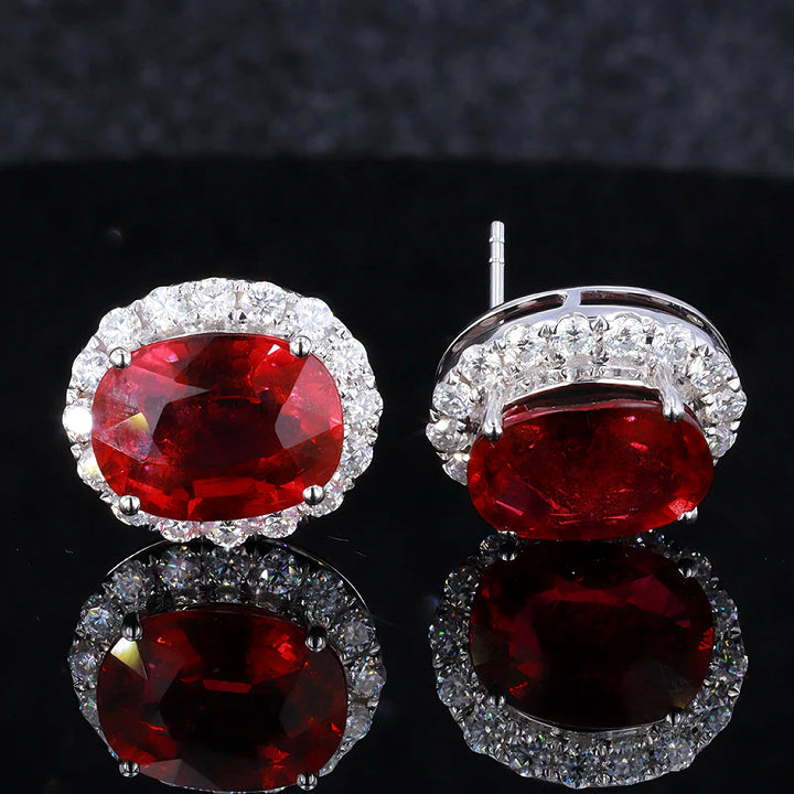 5x7mm, 1.25ct Each Oval Lab-Grown Blood Red Ruby with Diamond Halo Earrings in 18K White Gold