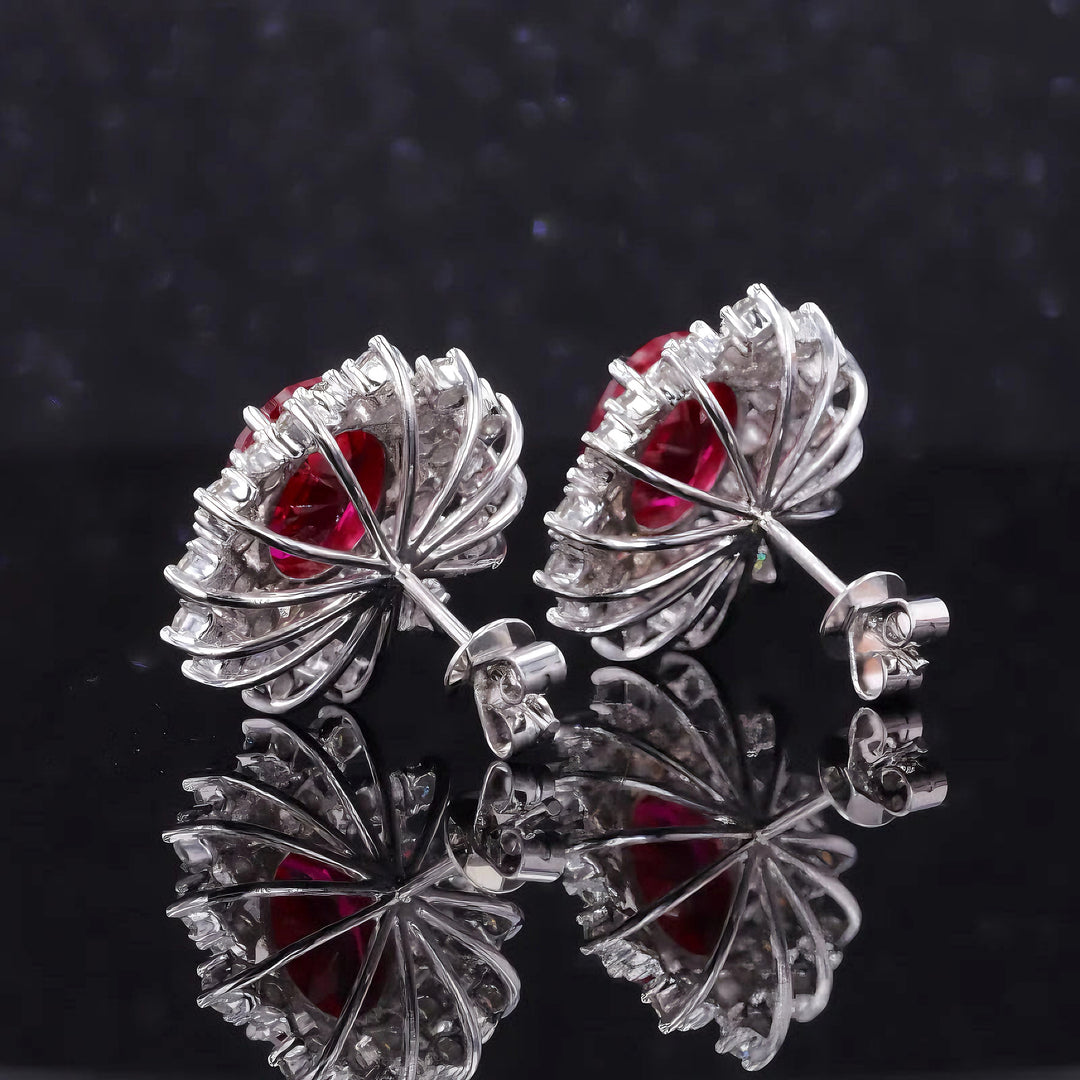 7x9mm, 2.50ct Each Oval Lab-Grown Red Ruby with Diamond Halo Earrings in 14K White Gold