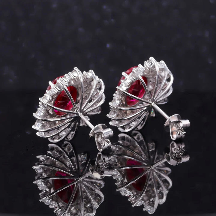 7x9mm, 2.50ct Each Oval Lab-Grown Red Ruby with Diamond Halo Earrings in 14K White Gold