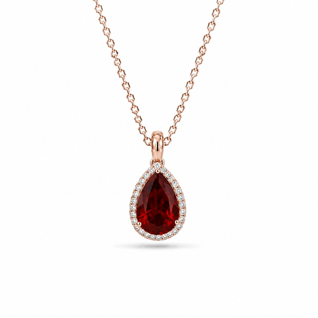 9x13mm, 7.00ct Pear Lab-Grown Red Ruby with Diamond Halo Pendant Necklace in Platinum
