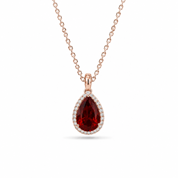 9x13mm, 7.00ct Pear Lab-Grown Red Ruby with Diamond Halo Pendant Necklace in Platinum