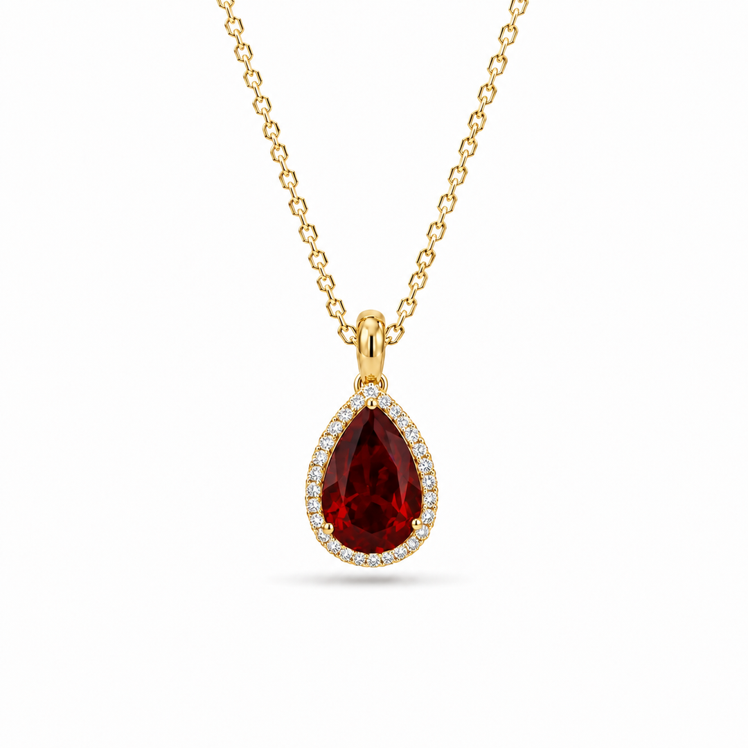 9x13mm, 7.00ct Pear Lab-Grown Red Ruby with Diamond Halo Pendant Necklace in Platinum