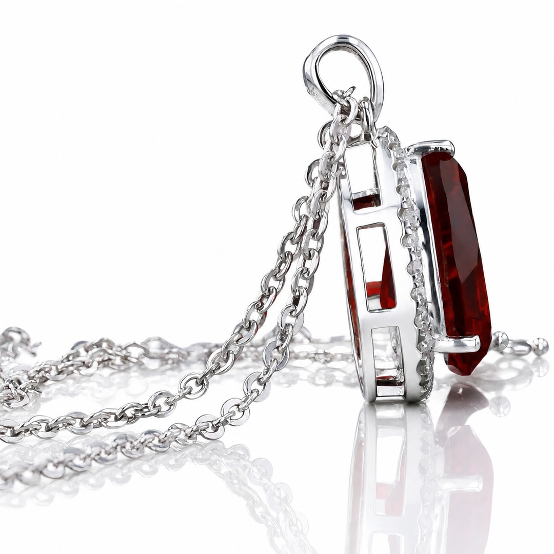 9x13mm, 7.00ct Pear Lab-Grown Red Ruby with Diamond Halo Pendant Necklace in Platinum