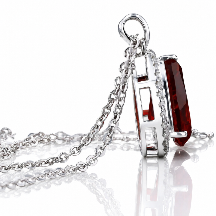 9x13mm, 7.00ct Pear Lab-Grown Red Ruby with Diamond Halo Pendant Necklace in Platinum