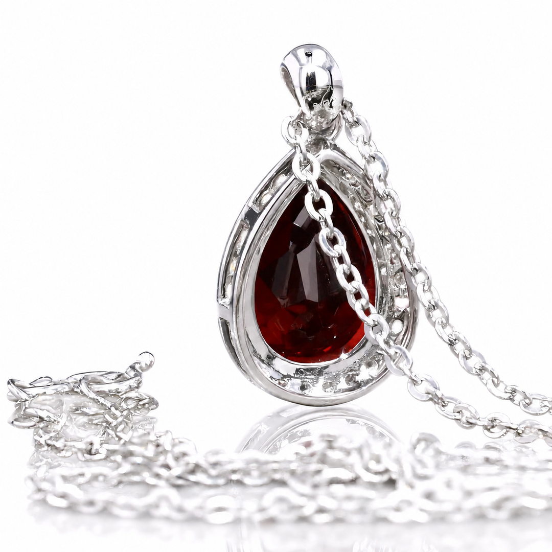 9x13mm, 7.00ct Pear Lab-Grown Red Ruby with Diamond Halo Pendant Necklace in Platinum