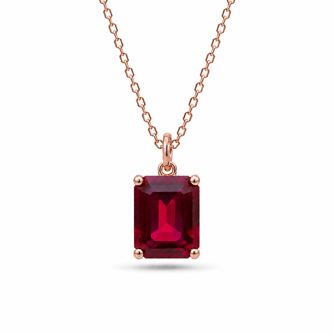 7x9mm, 3ct Emerald Cut Red Ruby Pendant Necklace