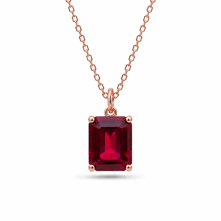 7x9mm, 3ct Emerald Cut Red Ruby Pendant Necklace