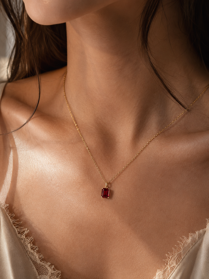 7x9mm, 3ct Emerald Cut Red Ruby Pendant Necklace