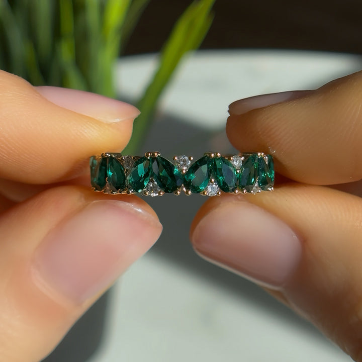 Emerald & Diamond Pear-Cut Eternity Ring in Yellow Gold (2.88ctw)