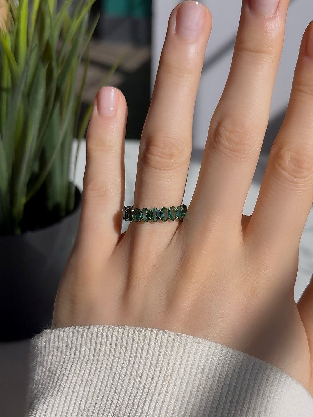 4.00ctw Oval Lab-Grown Zambian Emerald Eternity Band Ring in Yellow Gold