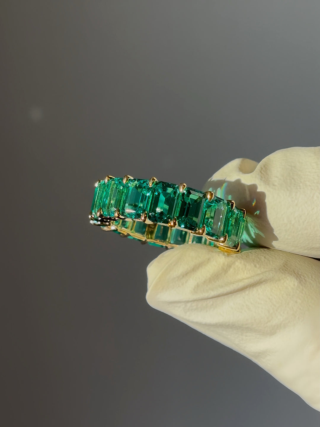 6mm, 8.8ctw Emerald Lab-Grown Colombian Emerald Eternity Band Ring in Yellow Gold