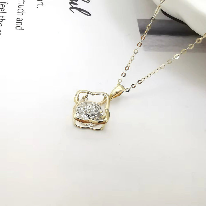 Clover Pendant Necklace with Dancing Diamond in 18K Solid Yellow Gold
