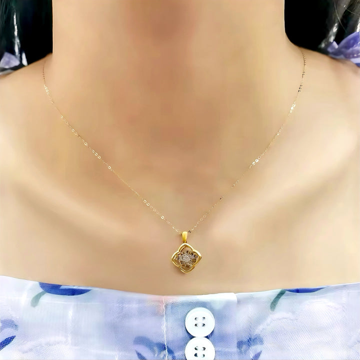 Clover Pendant Necklace with Dancing Diamond in 18K Solid Yellow Gold