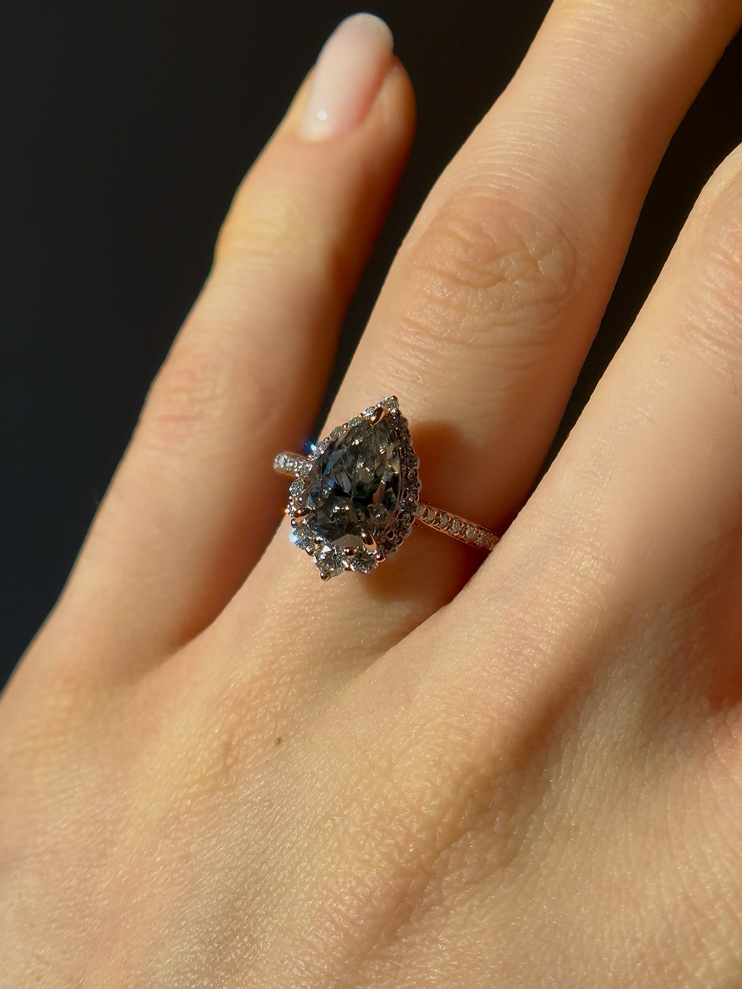 2.00ct Pear Cut Grey Moissanite with Diamond Halo/Half-Eternity Ring in 14K Rose Gold
