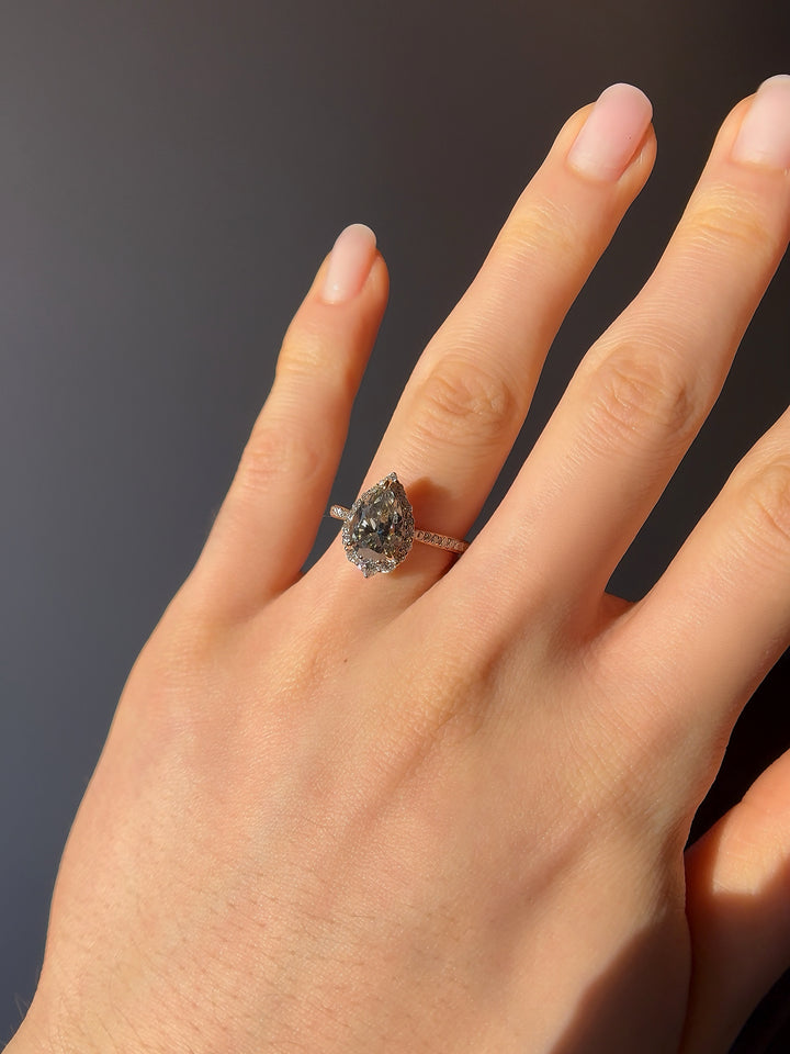 2.00ct Pear Cut Grey Moissanite with Diamond Halo/Half-Eternity Ring in 14K Rose Gold