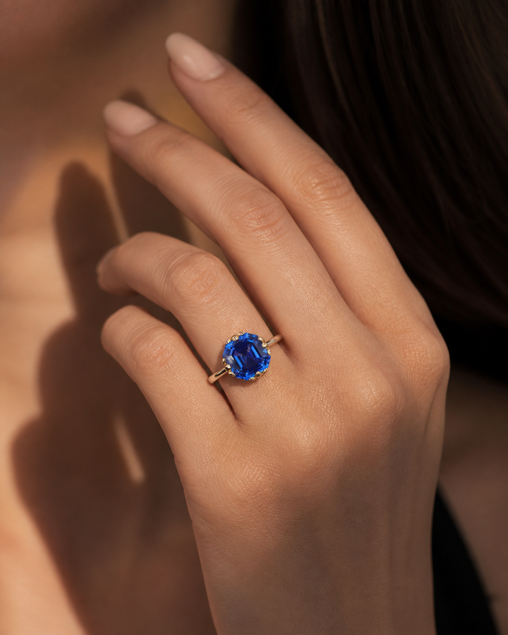 The Verena — Blue Asscher Sapphire with Leaf Prongs Ring