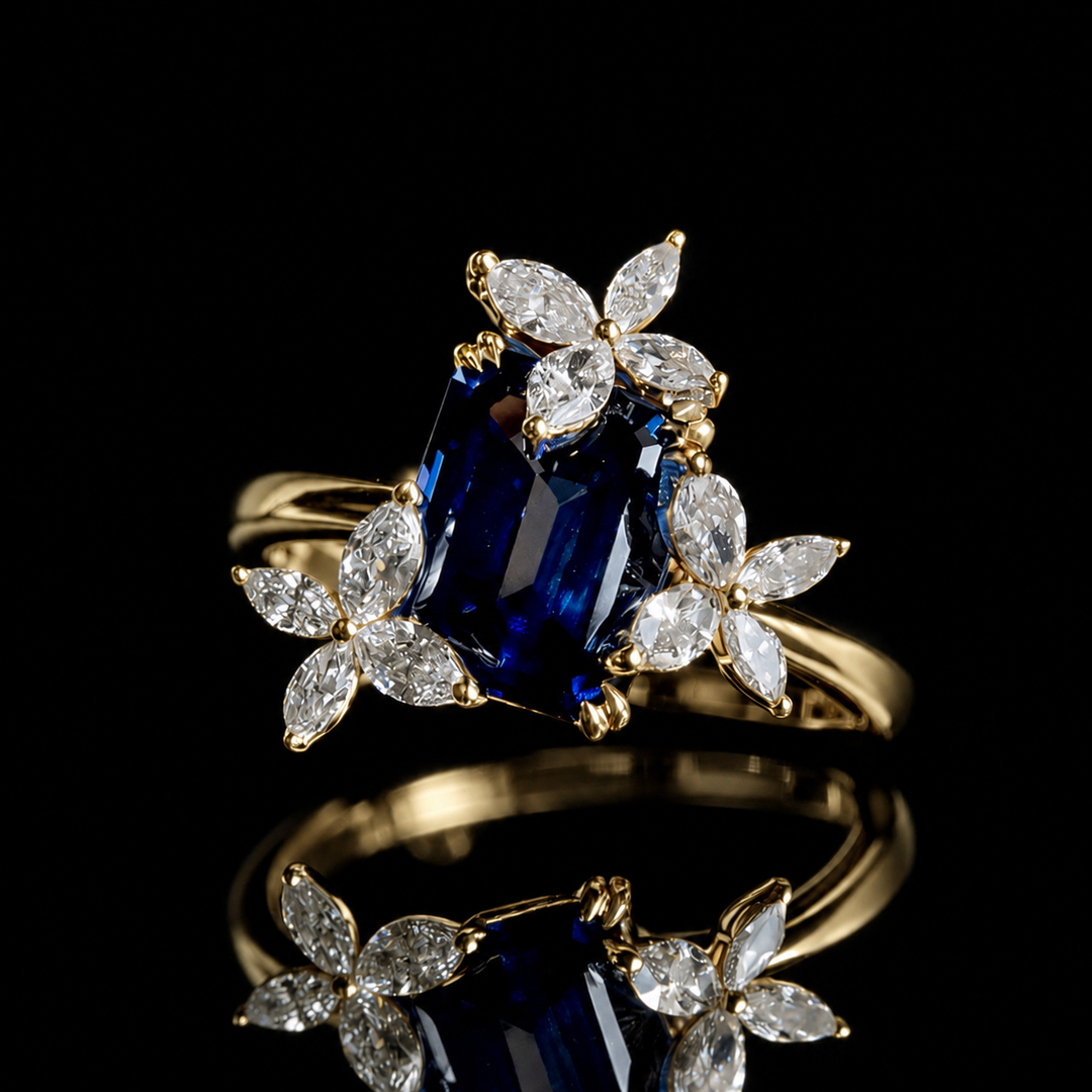The Jardin — Emerald-Cut Sapphire Floral Ring
