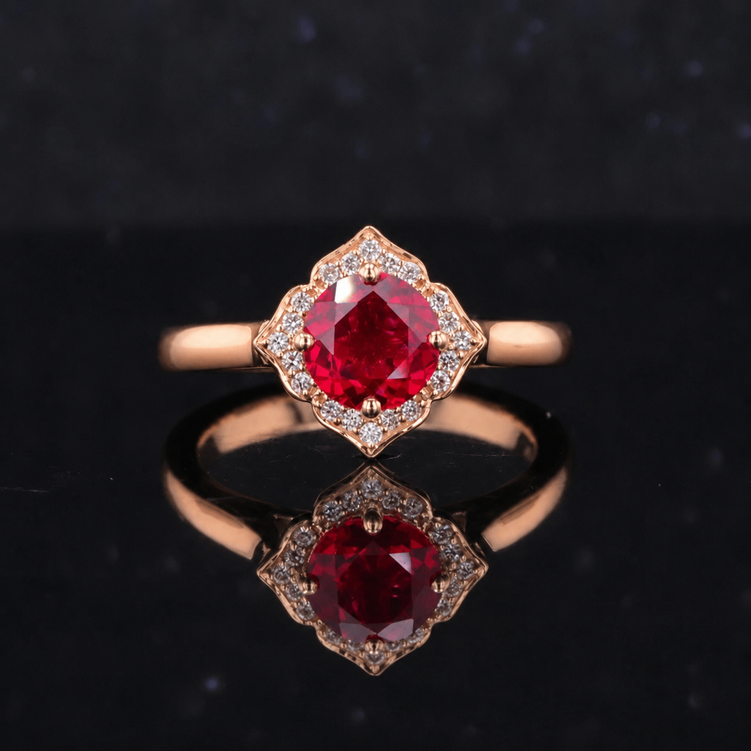 The Valencia — Vintage Diamond Halo Ruby Ring