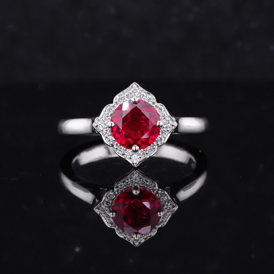 The Valencia — Vintage Diamond Halo Ruby Ring