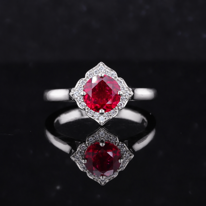 The Valencia — Vintage Diamond Halo Ruby Ring