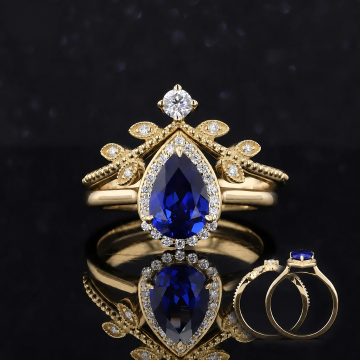 The Celestine — Blue Sapphire Halo Ring with Stacking Band