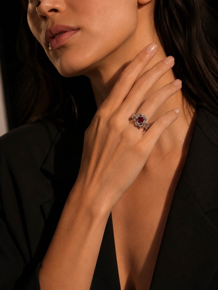 The Roserie — Ruby & Sapphire Rose Flower Ring