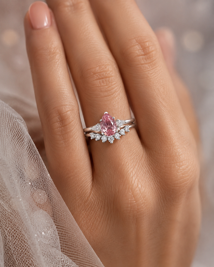 The Aubrey Set — Pink Pear Sapphire Three-Stone Ring with Diamond Stacking Band