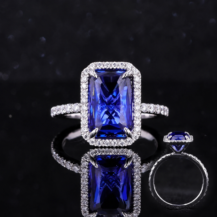 The Regalia — Blue Emerald Sapphire with Diamond Halo & Half-Eternity Ring