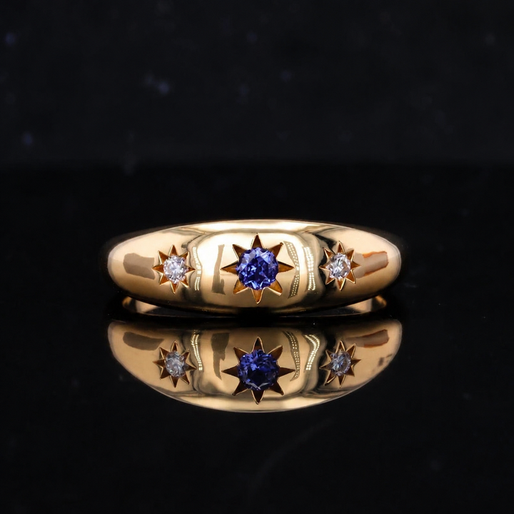 The Stella — Blue Round Sapphire Star-Set Dome Band Ring