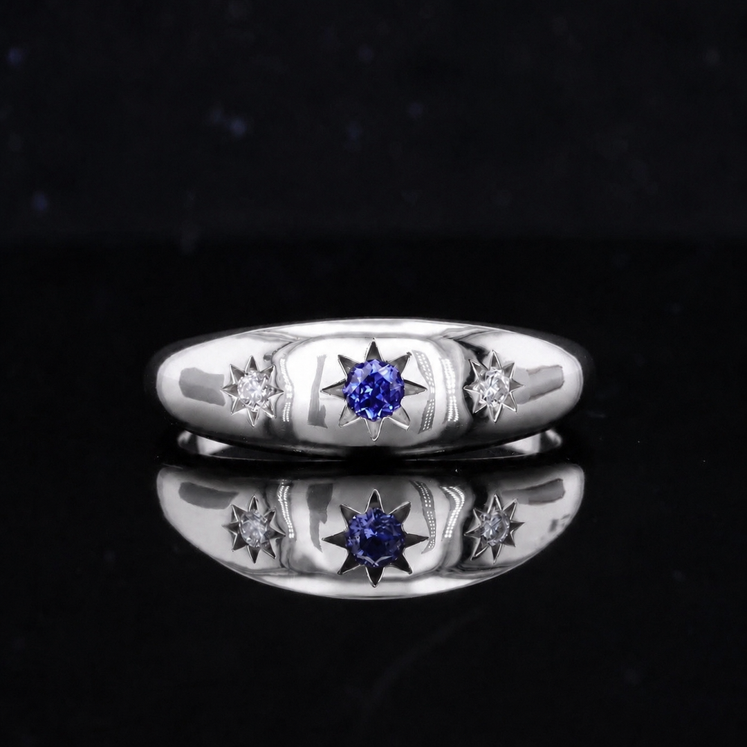 The Stella — Blue Round Sapphire Star-Set Dome Band Ring