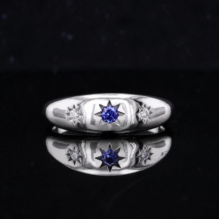 The Stella — Blue Round Sapphire Star-Set Dome Band Ring