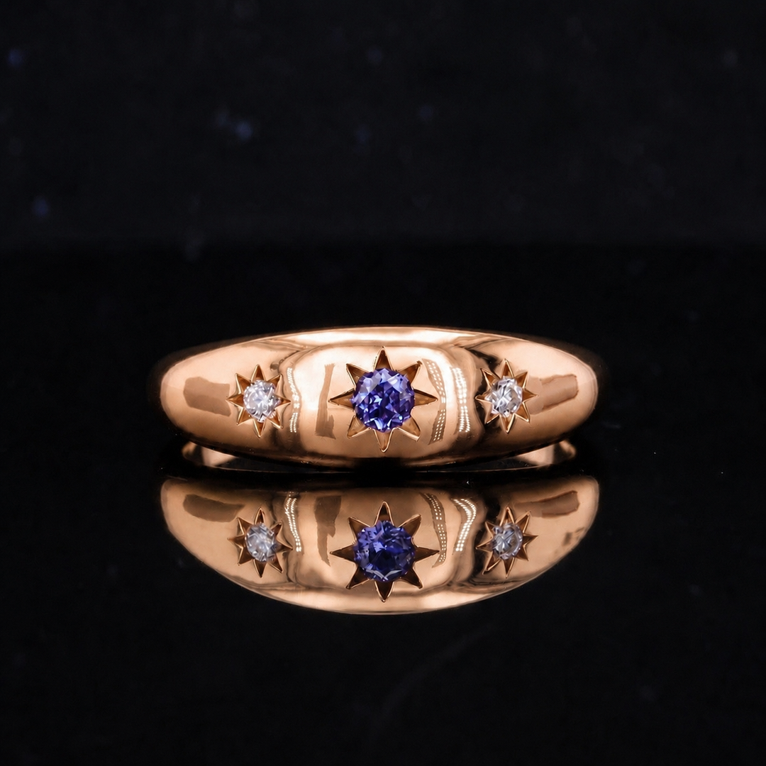 The Stella — Blue Round Sapphire Star-Set Dome Band Ring