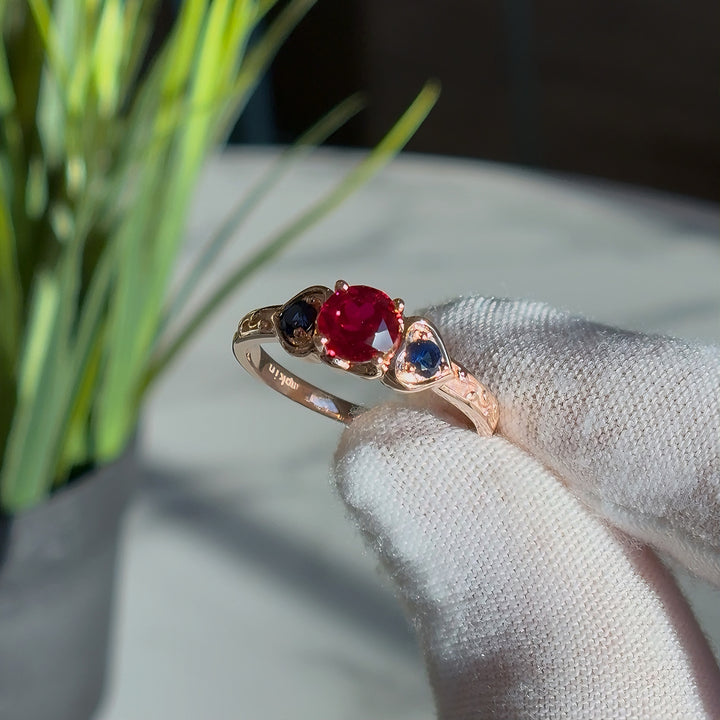 1.00ct "The Fusion Harmony" Round Ruby & Sapphires Three-Stone Ring in Rose Gold