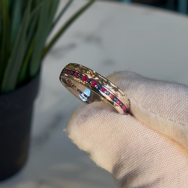5mm "Glitch Rose" Natural Ruby& Sapphire Band Ring in 925 Sterling Silver