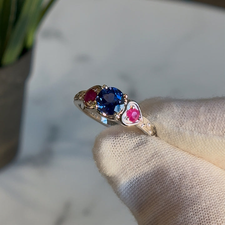 1.00ct "Glitch Rose" Round Ruby & Sapphires Three-Stone Ring in Sterling Silver