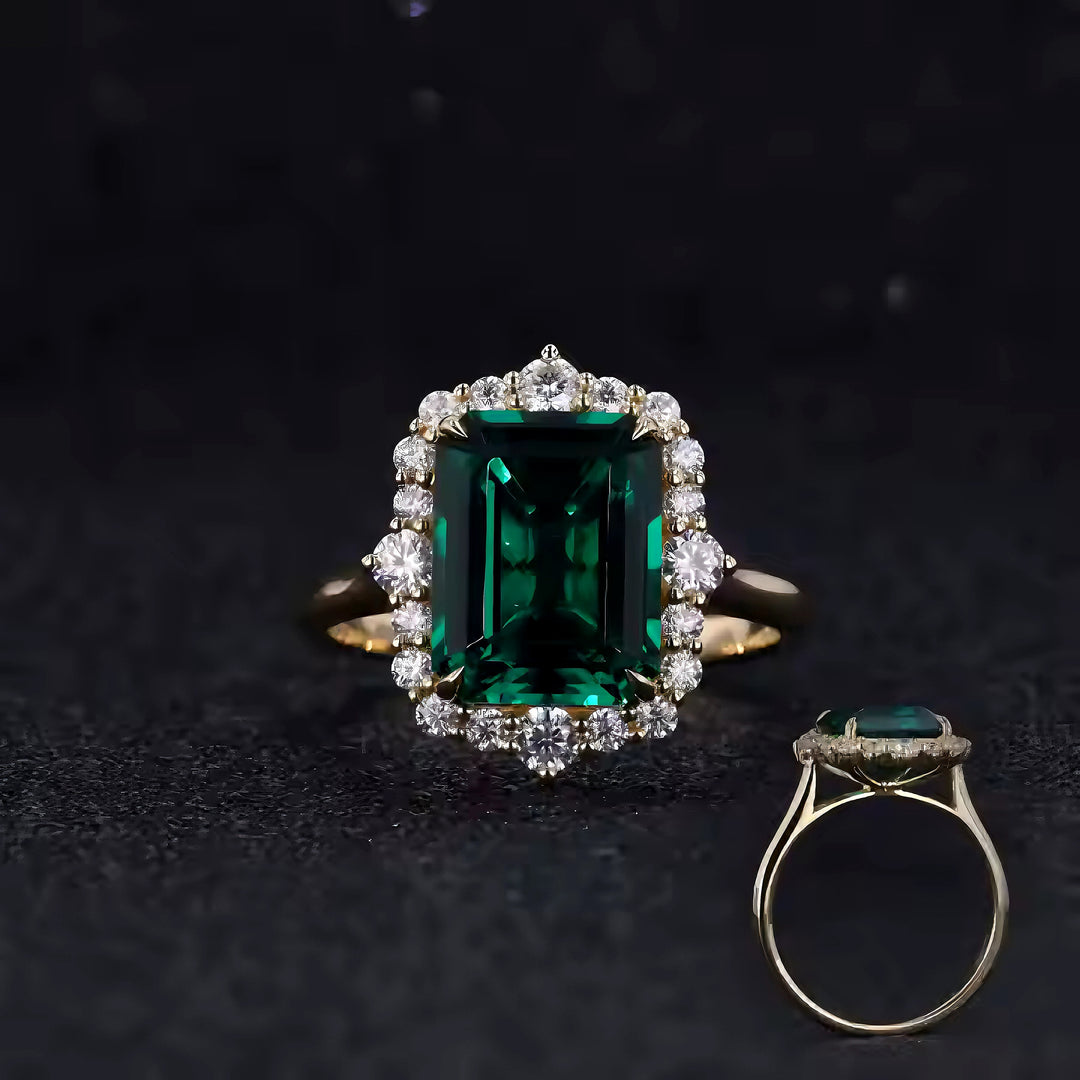 9x11mm, 4.60ct Lab-Grown Zambian Emerald with Diamond Halo Ring in 18K Yellow Gold