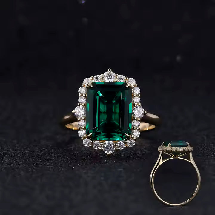 9x11mm, 4.60ct Lab-Grown Zambian Emerald with Diamond Halo Ring in 18K Yellow Gold