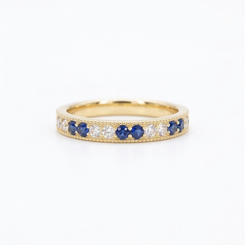 Lab sapphire and diamond vintage eternity band, 2.5mm, view 4