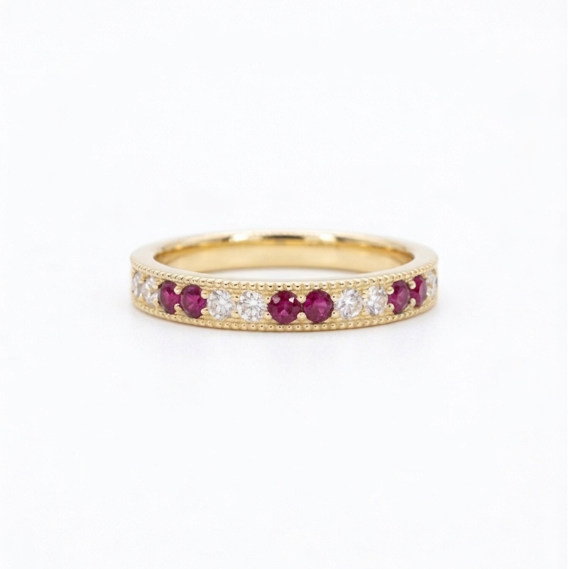 Lab ruby and diamond vintage eternity band, 2.5mm, view 4