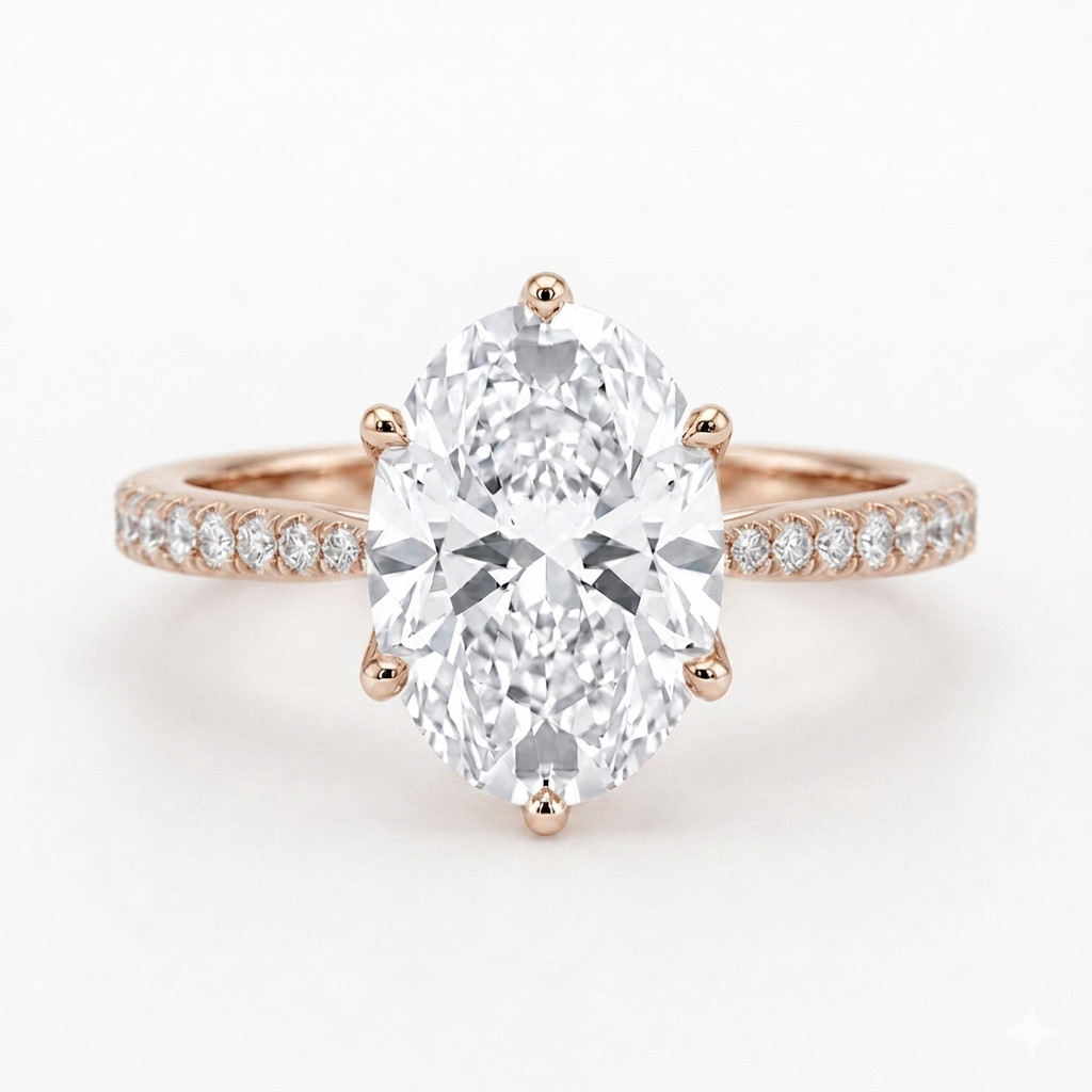 Oval Diamond Ring with Diamond Band, "Lotus Lace Bold"