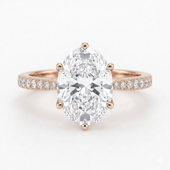 Oval Diamond Ring with Diamond Band, "Lotus Lace Bold"
