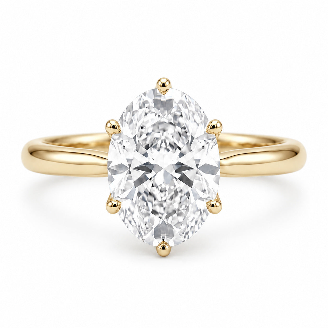 Oval lab diamond lotus prong engagement ring in 14K yellow gold